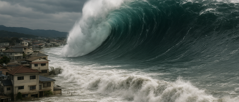 Das Bild zeigt einen Tsunami, der auf eine Küstenstadt trifft. Dieses Bild wurde mit ChatGPT generiert