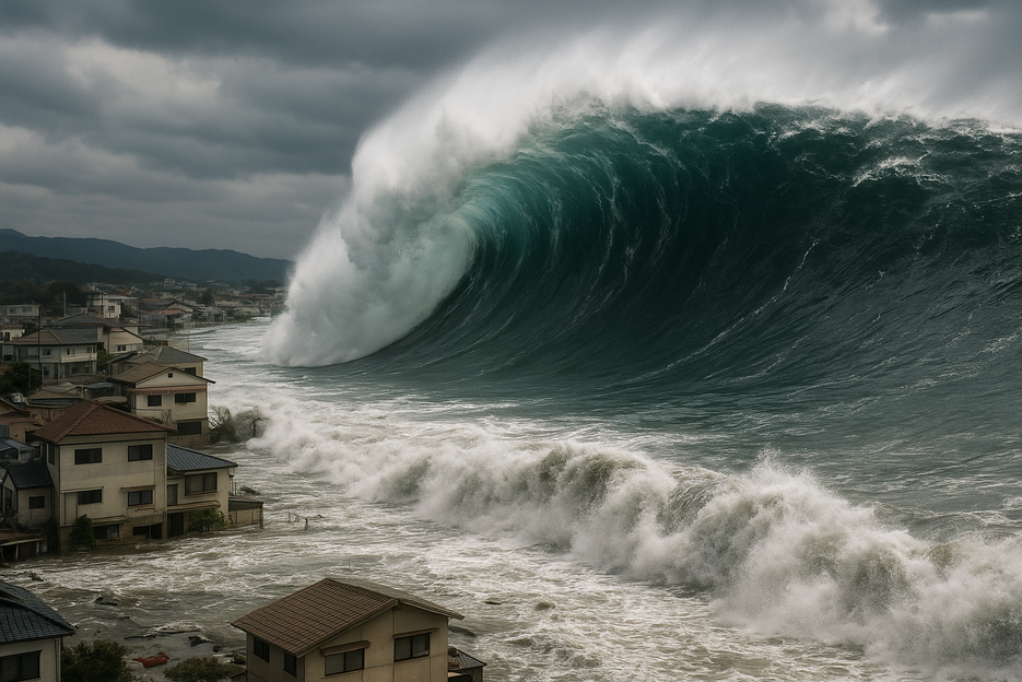 Das Bild zeigt einen Tsunami, der auf eine Küstenstadt trifft. Dieses Bild wurde mit ChatGPT generiert
