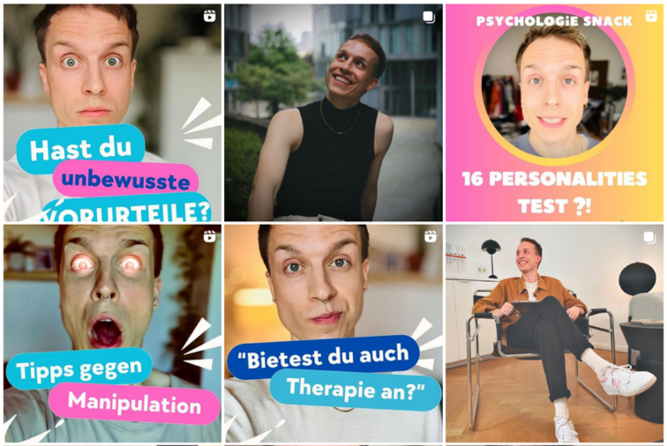 Zu sehen ist ein Screenshot der Thumbnails auf der Instagram-Seite von Jan Philipp Rudloff, die Thumbnails enthalten Überschriften wie: "Hast du unbewusste Vorurteile?", "Tipps gegen Manipulation" und "Psychologie Snack - 16 Personalities Test"