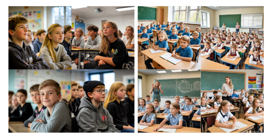 zu sehen sind vier Bilder von Schulklassen, die Kinder auf den Bildern sind größtenteils blond 