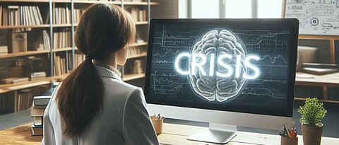 Zu sehen ist der Rücken einer weiblichen Person in einem weißen Kittel. Sie sitzt am Schreibtisch vor dem PC. Auf dem Bildschirm ist ein Gehirn zu sehen und das Wort "crisis" in Großbuchstaben. Im Hintergrund befinden sich Bücherregale.
