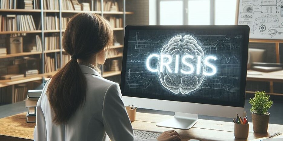 Zu sehen ist der Rücken einer weiblichen Person in einem weißen Kittel. Sie sitzt am Schreibtisch vor dem PC. Auf dem Bildschirm ist ein Gehirn zu sehen und das Wort "crisis" in Großbuchstaben. Im Hintergrund befinden sich Bücherregale.